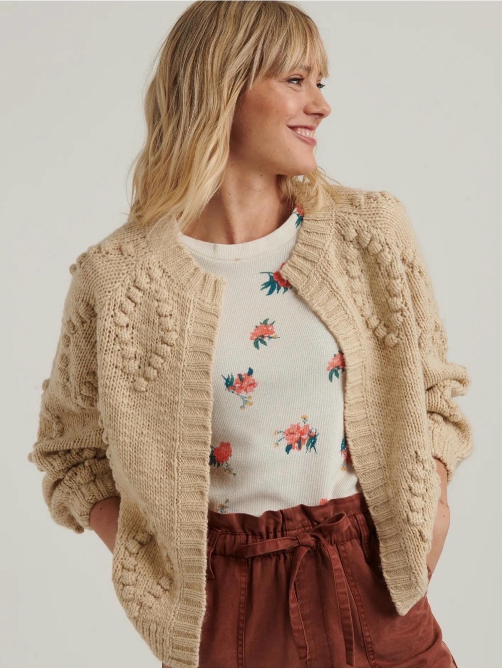 Lucky Brand Cream Wool Blend Bobble Knit Open-Front Cardigan Size M